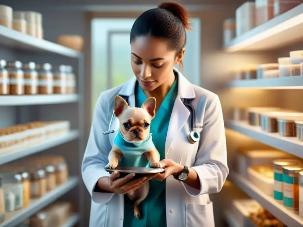Veterinario alimenta a perro con dieta hidrolizada Veterinario alimentando a perro con dieta hidrolizada en clínica veterinaria
