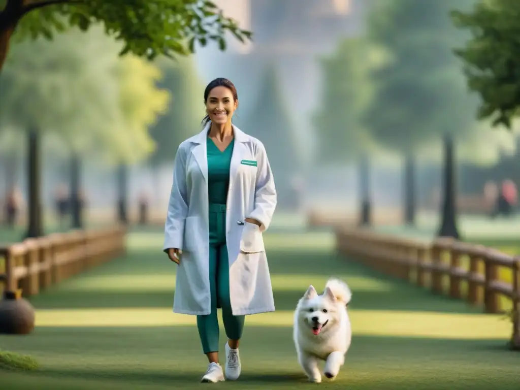 Veterinario guiando alegremente a un perro en agility en el parque Un veterinario guía alegremente a un perro en ejercicios de agilidad en un parque, destacando los planes de ejercicio para mascotas