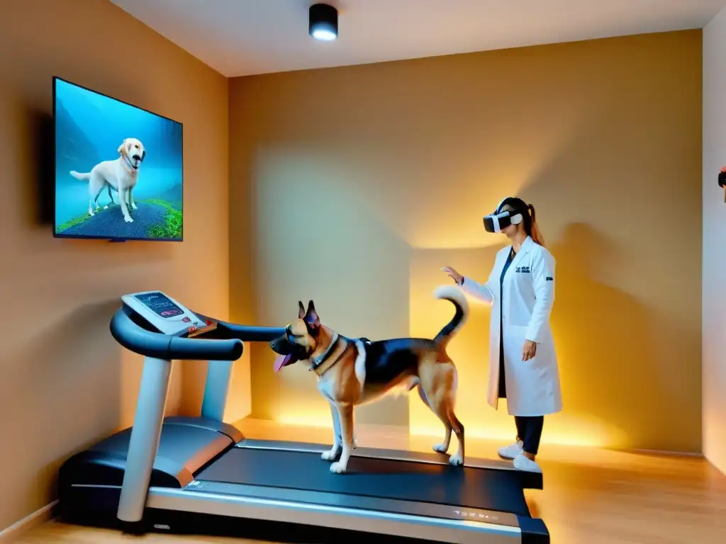 Veterinario guiando a perro en rehabilitación virtual Un veterinario guía a un perro en sesión de rehabilitación virtual, con el perro usando un visor VR y caminando en una clínica moderna y luminosa