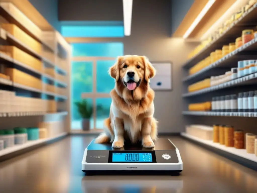 Veterinario cuidadoso pesa golden retriever en clínica moderna Veterinario midiendo el peso de un golden retriever en clínica moderna