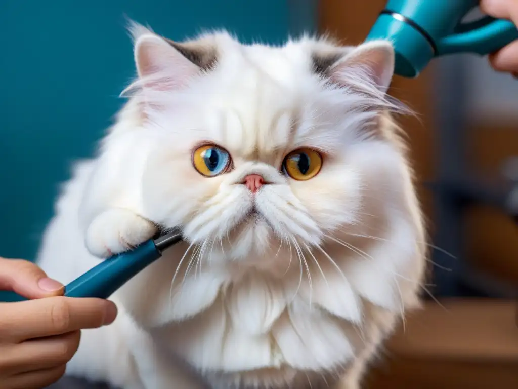 Veterinario examinando detalladamente la piel de un gato persa blanco con lupa