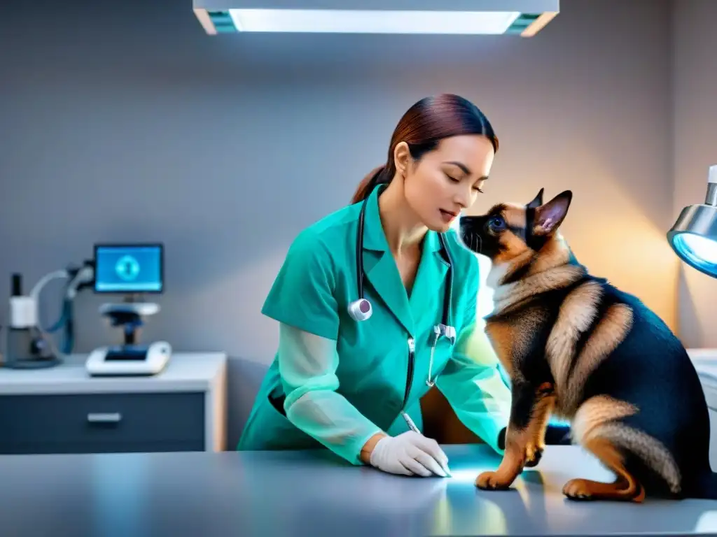 Veterinario examina piel de mascota con lupa en 8k Veterinario examinando piel de mascota con lupa en clínica, detección temprana cáncer perros gatos