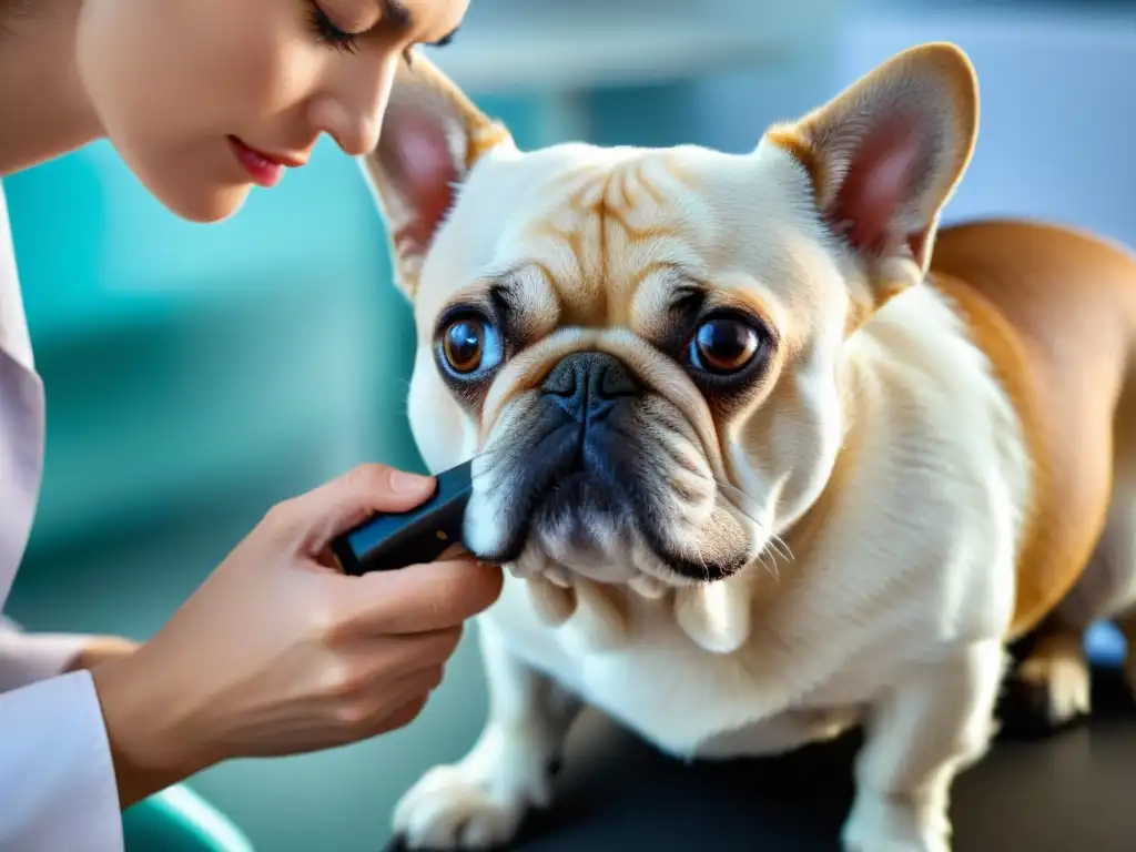 Examen minucioso de dermatitis alérgica por pulgas en perro Veterinario examinando piel de perro por dermatitis alergia pulgas, mostrando precisión y cuidado en el tratamiento