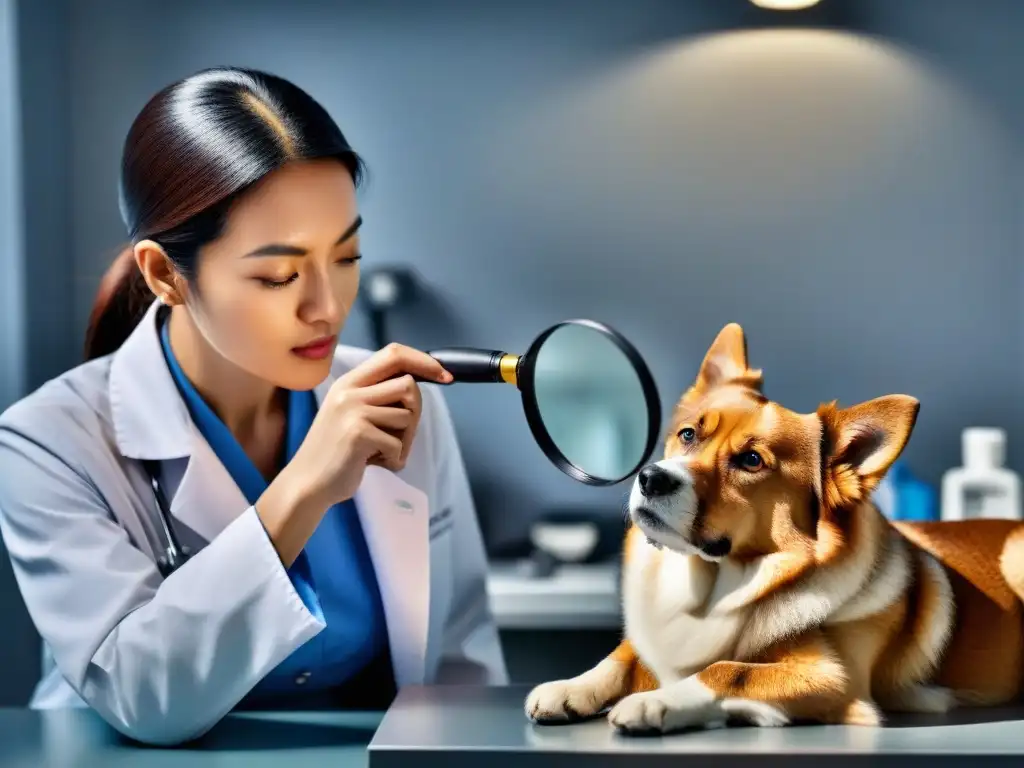 Veterinario examinando minuciosamente la piel de un perro, prevención enfermedades piel perros gatos