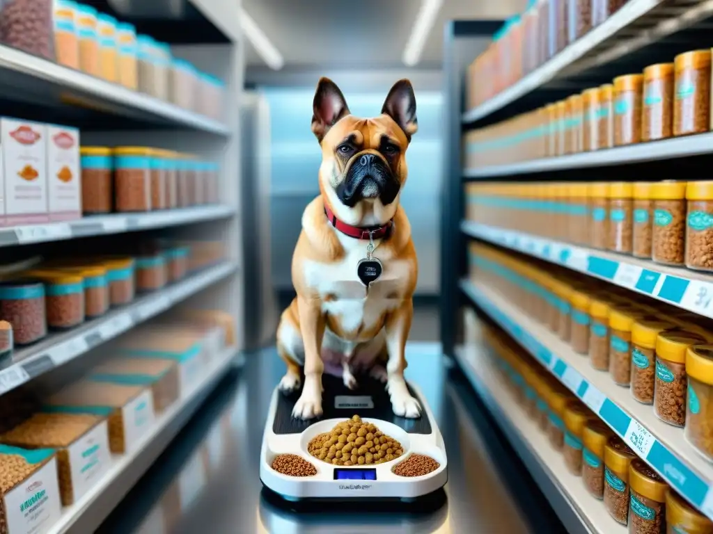 Veterinario preciso: pesando comida para perros Veterinario midiendo cuidadosamente la porción de comida para perros adultos en balanza digital