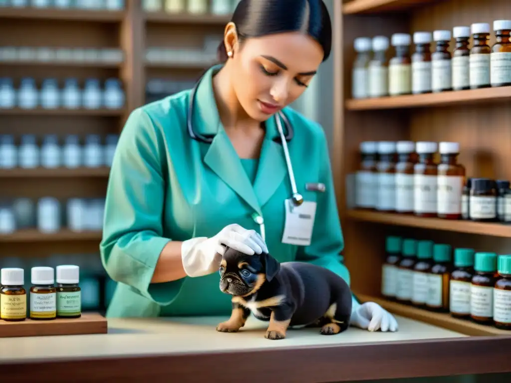 Un veterinario prepara con precisión una remedio homeopático para un cachorro
