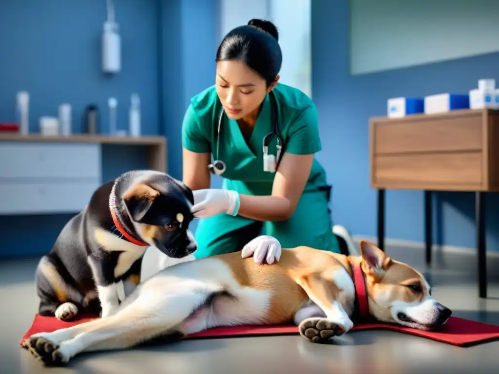 Veterinario salvando a un perro herido con profesionalismo Un veterinario aplica primeros auxilios a un perro herido, transmitiendo calma y profesionalismo