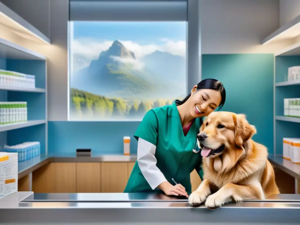 Veterinario vacunando a golden retriever con profesionalismo y cuidado en clínica moderna