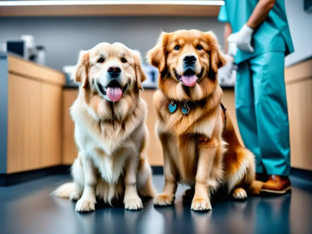 Emotivo momento: veterinario ajusta prótesis 3D a perro Un veterinario coloca una prótesis 3D personalizada a un golden retriever agradecido en una clínica moderna