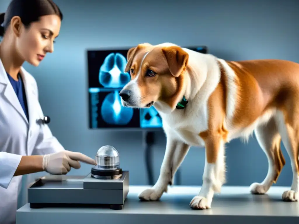 Veterinario examinando radiografía de pata de perro con dueño preocupado Un veterinario examina detenidamente una radiografía de la pata trasera de un perro, mientras el dueño observa con preocupación y esperanza