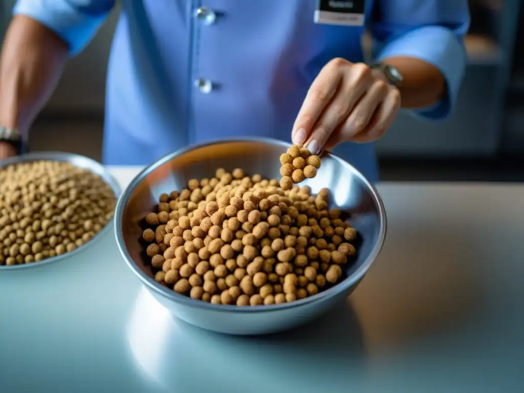 Examen detallado de comida para perros: alergias alimentarias en canes Veterinario examinando minuciosamente el recipiente de comida de un perro, destacando la seriedad en el manejo de alergias alimentarias en perros