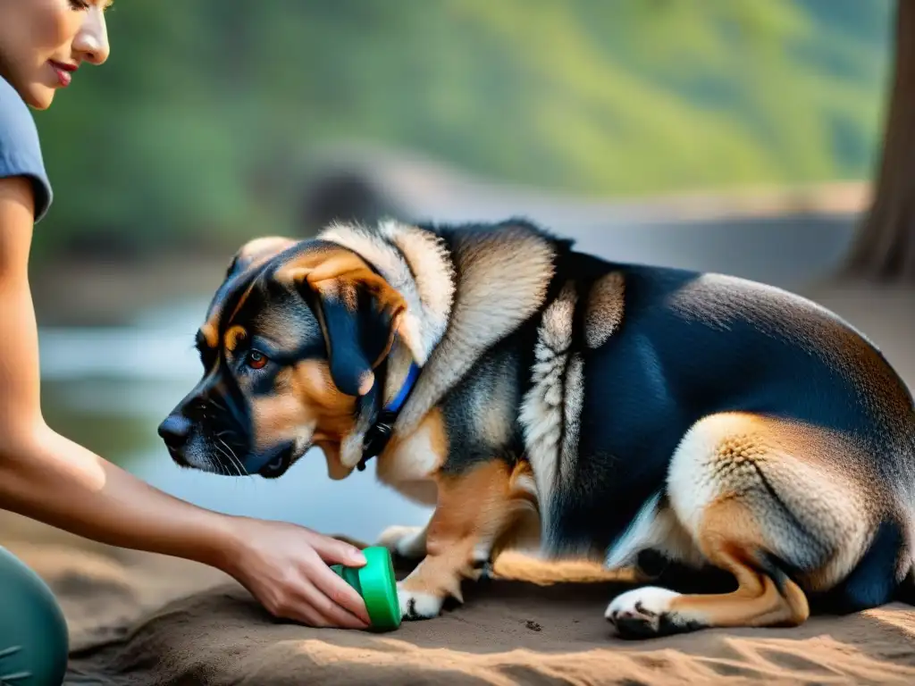 Veterinario aplica repelente a perro antes de aventura al aire libre Veterinario aplicando repelente a perro antes de aventura al aire libre