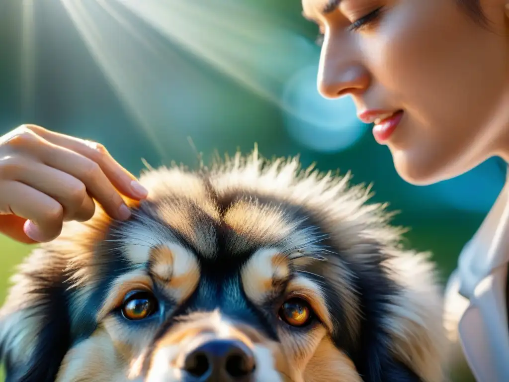 Veterinario aplica repelente a perro confiado con precisión Un veterinario aplica repelente de insectos a un perro confiado y tranquilo, destacando la prevención picaduras insectos mascotas