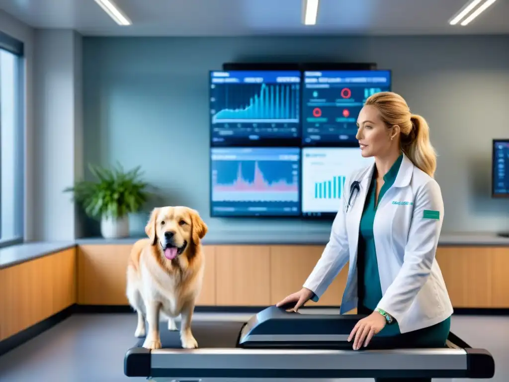 Veterinario monitorizando ritmo cardíaco de perro en clínica moderna Un veterinario supervisa el ritmo cardíaco de un perro en la cinta de correr de una clínica moderna