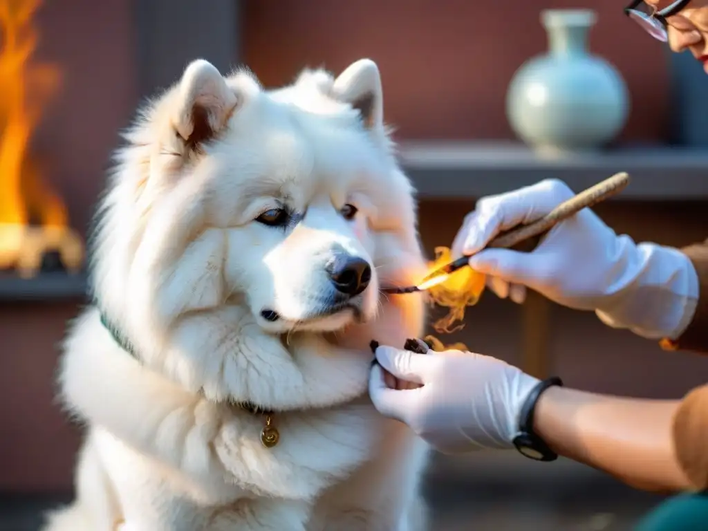 Acupuntura canina: delicada aplicación de moxibustión en Samoyedo blanco Un veterinario aplica moxibustión en un Samoyedo blanco, en una clínica cálida