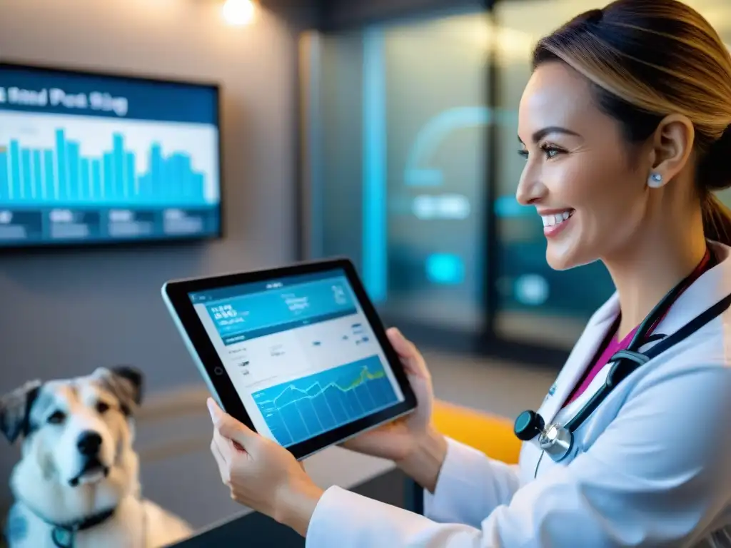 Veterinario sonriente monitoreando datos de salud en tablet Un veterinario sonriente analiza datos de salud de mascotas en una tablet