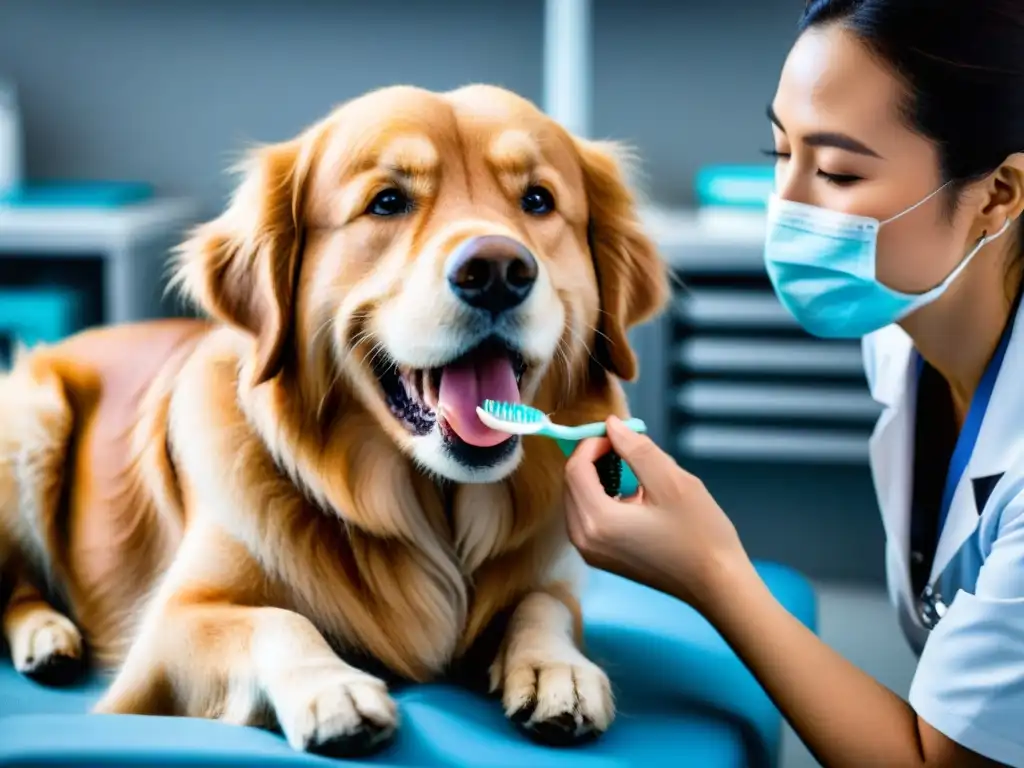 Veterinario cuidadoso cepilla dientes de golden retriever feliz Un veterinario sonriente cepillando los dientes de un perro, transmitiendo cuidado y confianza