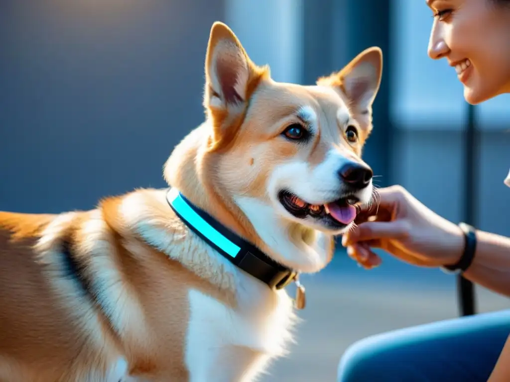 Dispositivo tecnológico para mascotas: detalle ultra en clínica veterinaria Un veterinario sonriente coloca un dispositivo wearable moderno en el collar de un perro, fusionando tecnología y cuidado animal