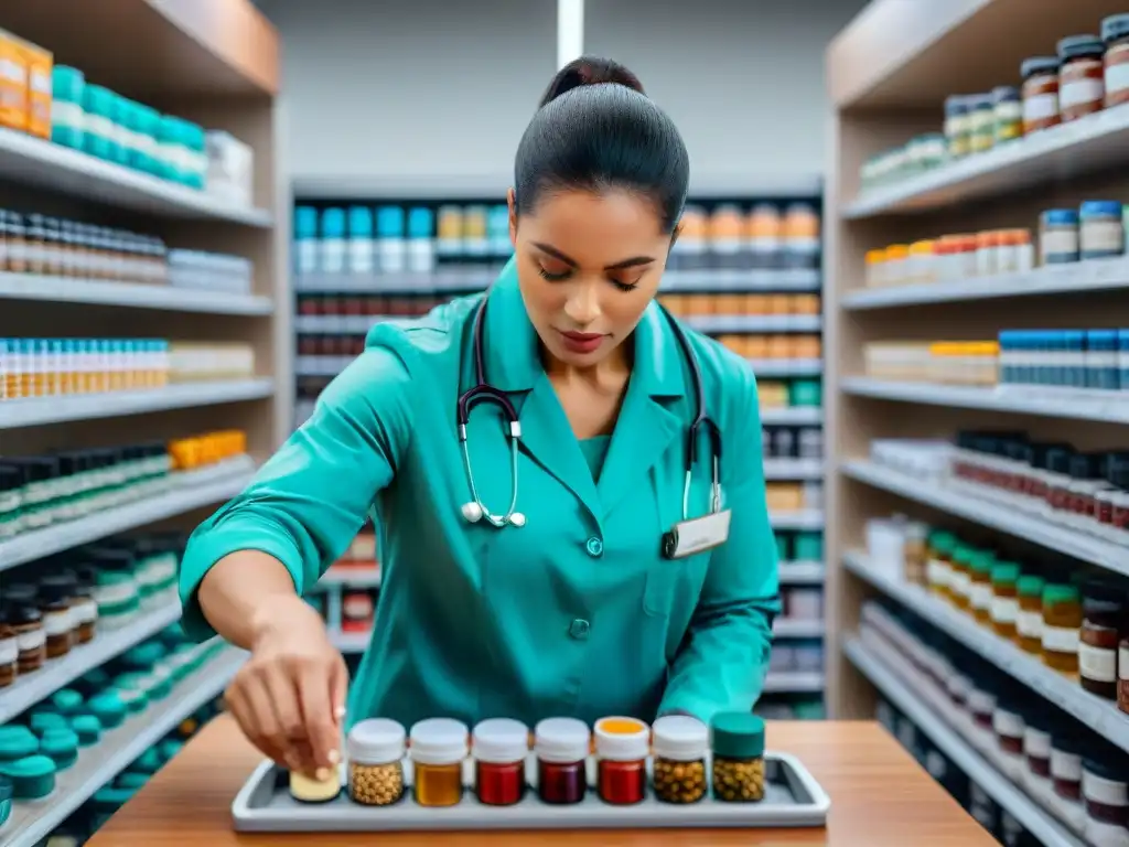 Veterinario examinando suplementos para mascotas Un veterinario examina suplementos para prevenir enfermedades en una mesa colorida y organizada, rodeado de productos de cuidado para mascotas