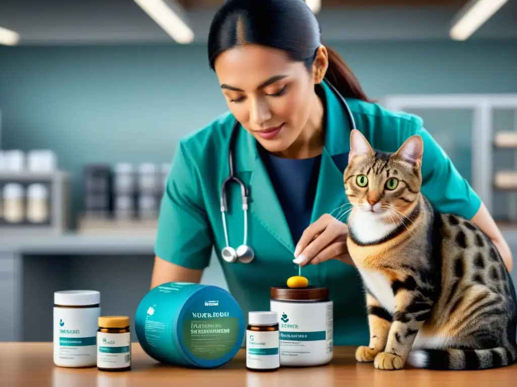 Veterinario cuidadoso administra suplementos a gato convaleciente Veterinario administrando suplementos a gato enfermo en clínica, reflejando cuidado y profesionalismo en recuperación felina