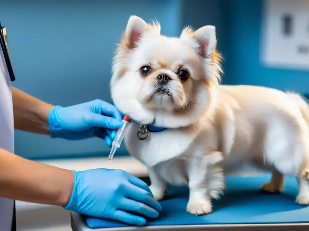 Veterinario cuidadoso inyectando a perrito blanco en clínica Veterinario administrando suplementos a perrito enfermo en clínica veterinaria