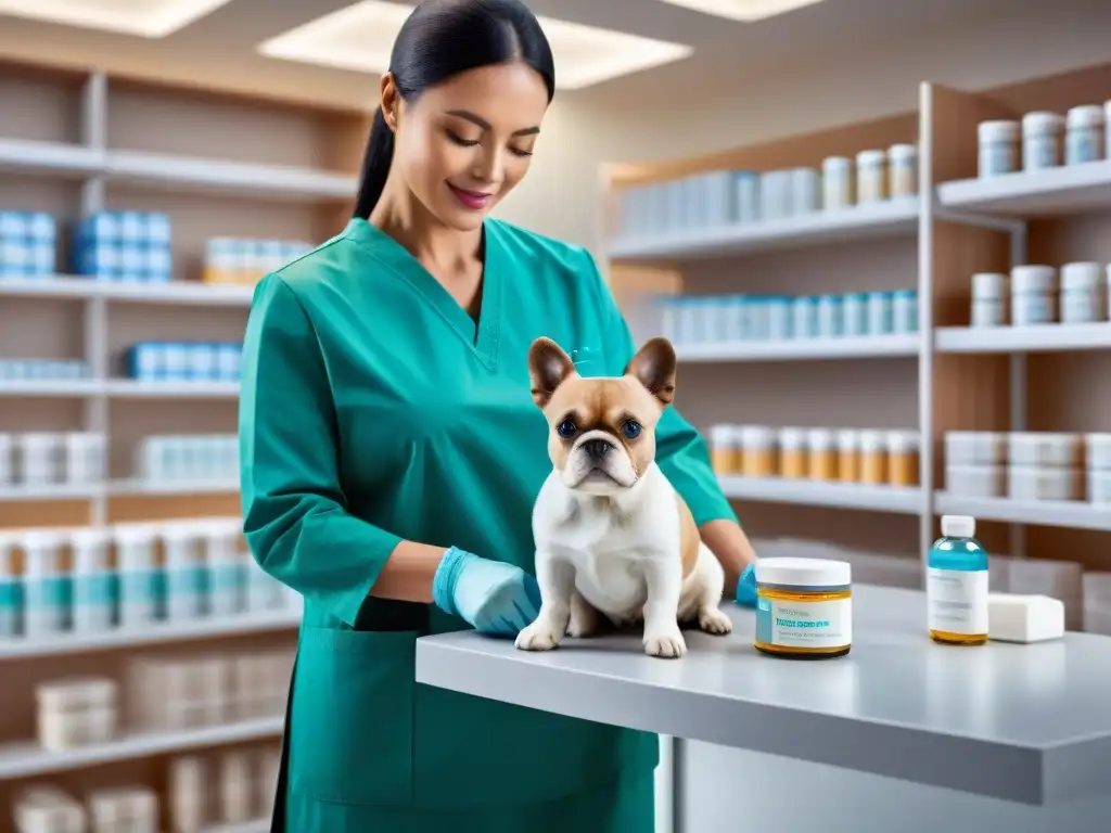 Veterinario cuidadoso administra suplemento a perro enfermo Veterinario dando suplementos a perro enfermo en clínica, resaltando cuidado y recuperación de mascotas enfermas