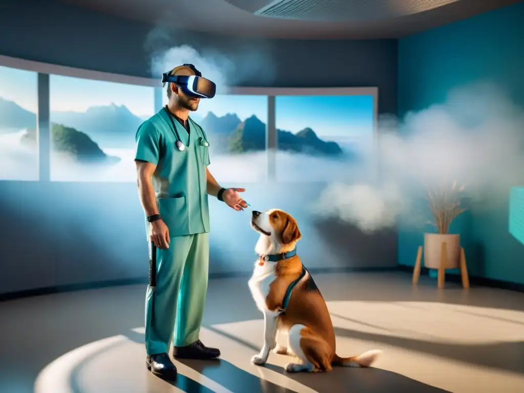 Veterinario usando realidad virtual para rehabilitación canina Un veterinario utiliza tecnología de realidad virtual para asistir en ejercicios de rehabilitación a un perro