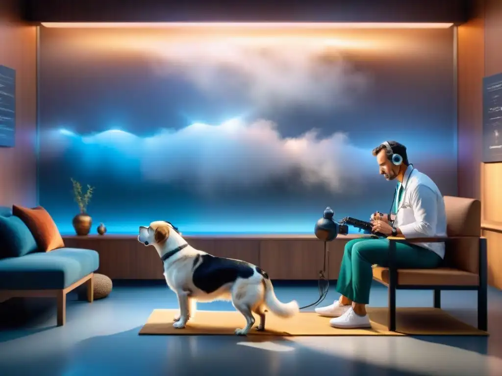 Terapia de sonido en veterinaria: armonía y sanación para perros Un veterinario aplica terapia de sonido a un perro tranquilo en una clínica, transmitiendo paz y beneficios terapia sonido para mascotas