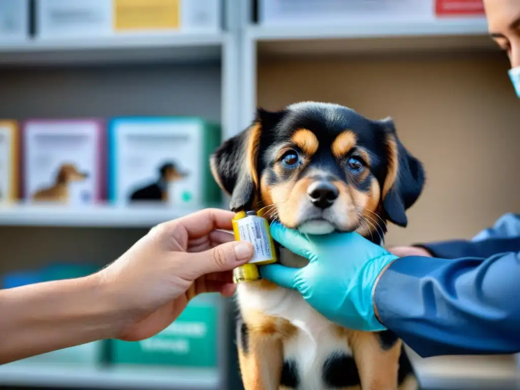 Vacuna antirrábica: Profesionalismo y cuidado en la clínica Un veterinario administra la vacuna antirrábica a un perro con calma y confianza, mostrando seguridad y cuidado en la clínica veterinaria