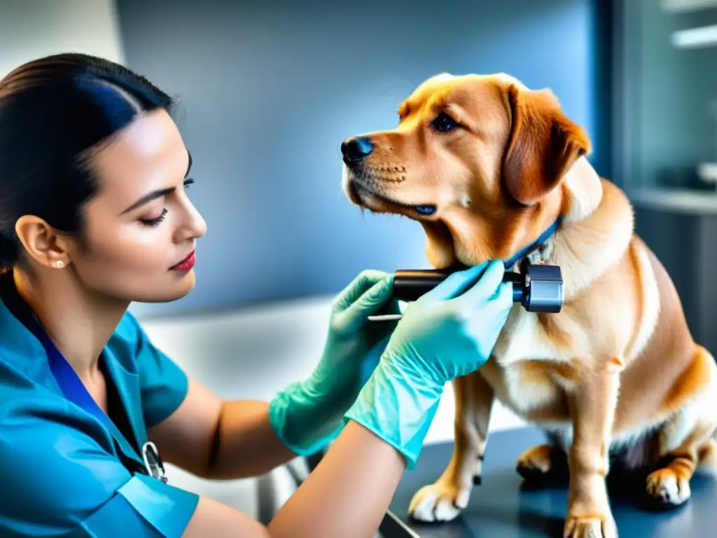 Veterinario aplicando vacuna antirrábica a perro confiado Un veterinario aplica una vacuna antirrábica a un perro con confianza, mostrando profesionalismo y cuidado en la clínica veterinaria