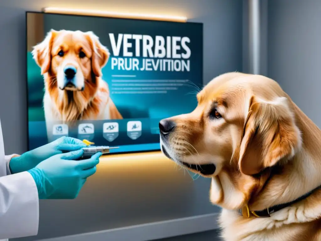Vacunación contra la rabia: Veterinario cuidando a un Golden Retriever Un veterinario administra una vacuna antirrábica a un golden retriever confiado en una clínica moderna