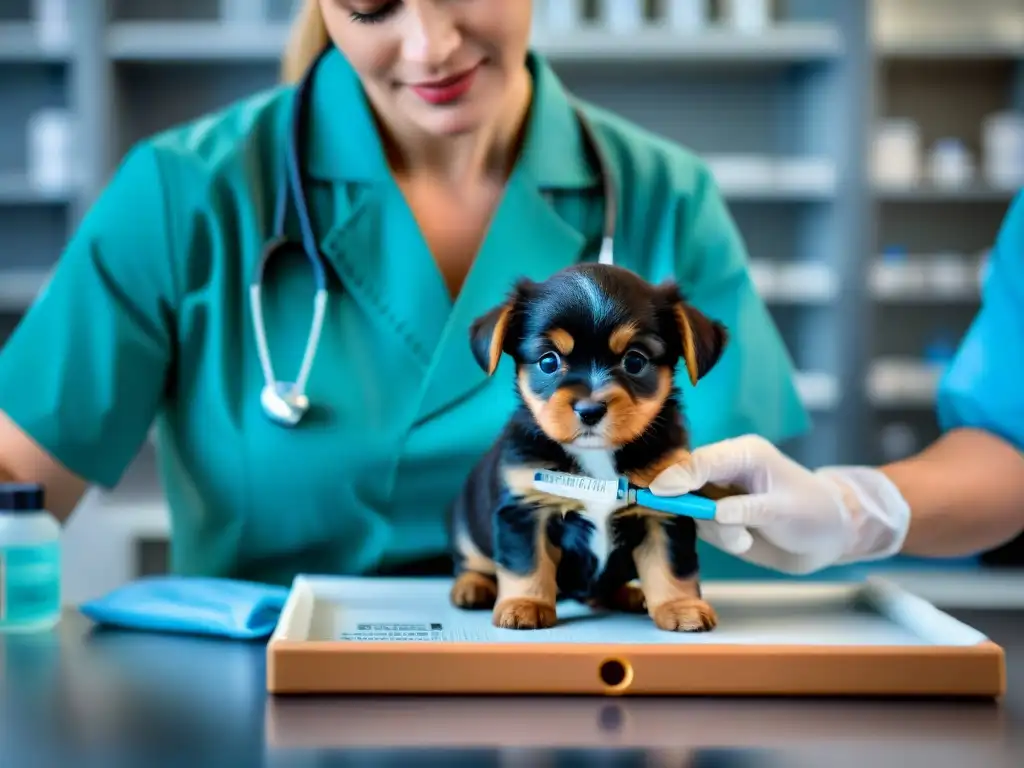 Vacunación de cachorro: detalle íntimo de un veterinario cuidadoso Veterinario aplicando vacuna a cachorro, ambiente profesional y cuidadoso