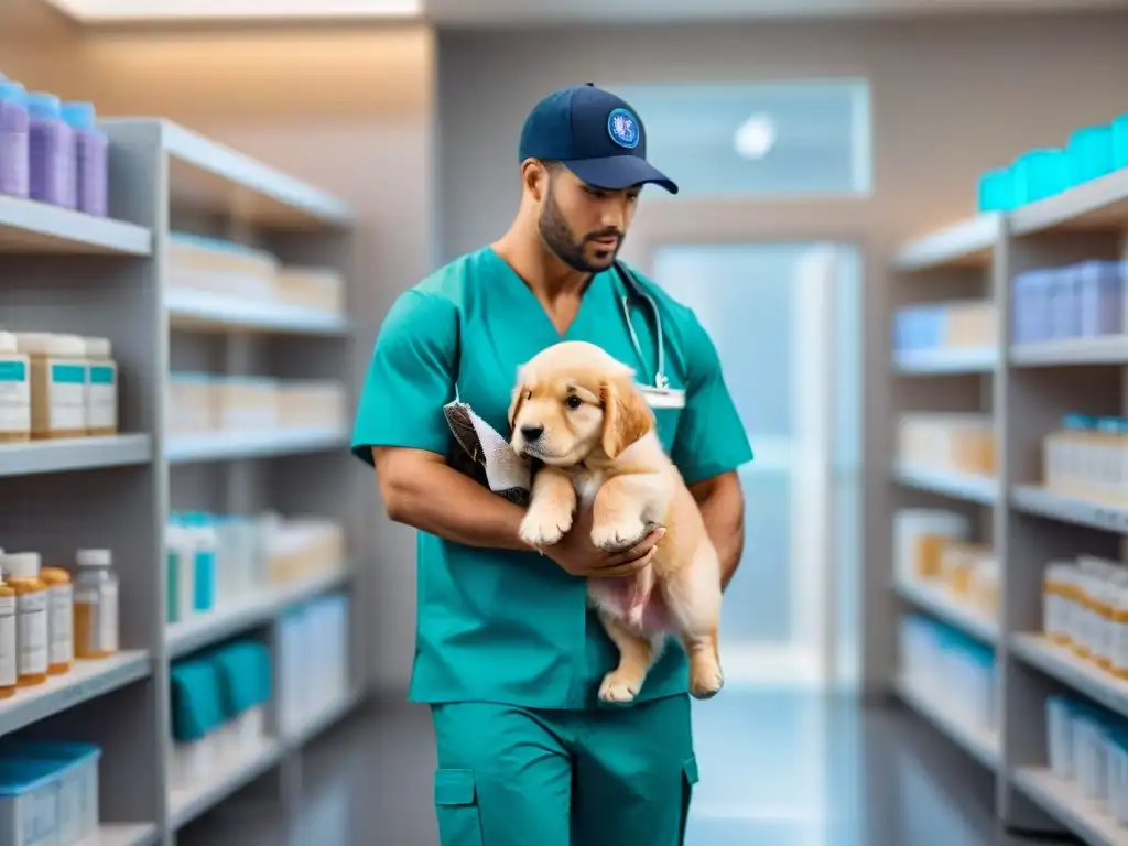 Vacunación tierna: veterinario cuidadoso y cachorro dorado Un veterinario administra vacuna a cachorro de golden retriever en clínica iluminada, transmitiendo cuidado y confianza