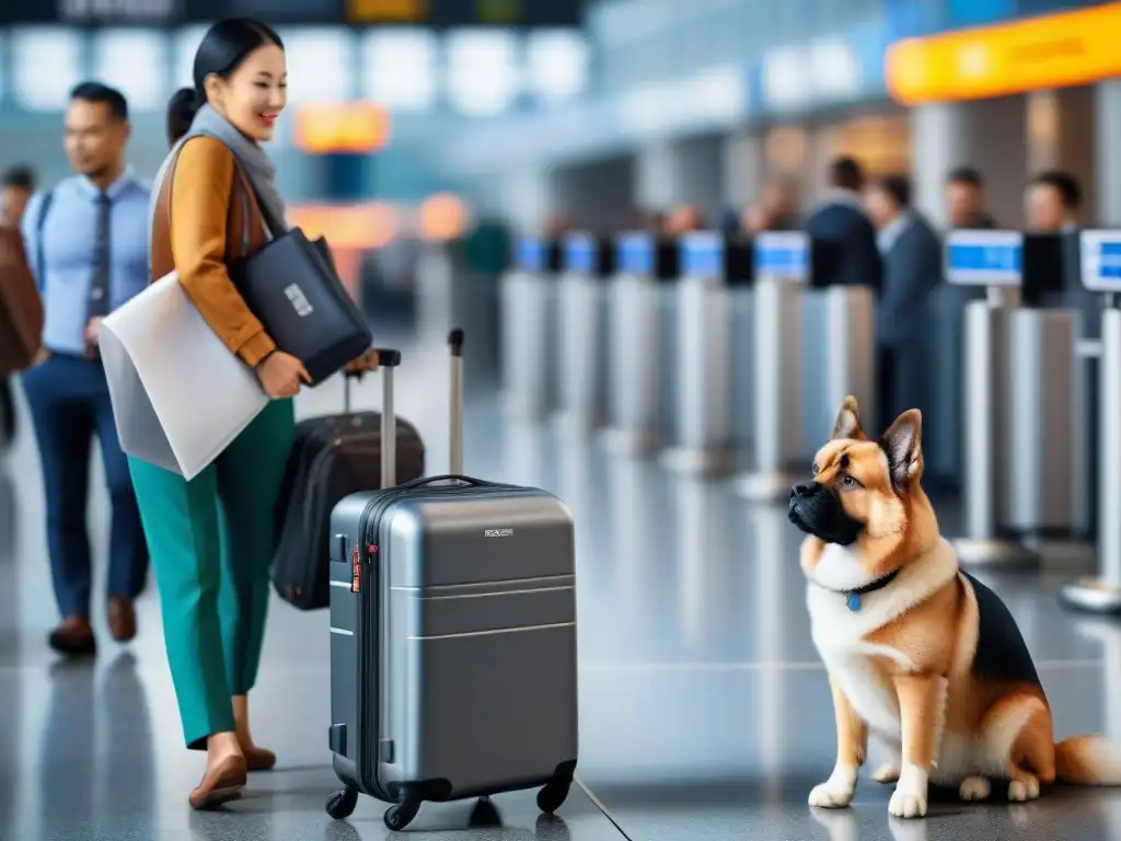 Viaje internacional con mascota: trámite aduanero impecable Un viajero tranquilo y su mascota en aduanas del aeropuerto, cumpliendo regulaciones internacionales viajes mascotas