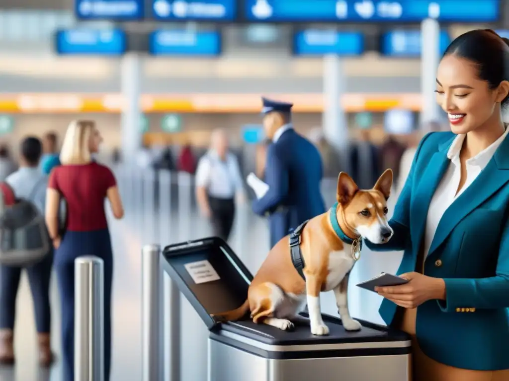 Viaje internacional sin estrés: mascotas bienvenidas en control aduanero Viajeros con mascotas en aeropuerto, cumpliendo regulaciones internacionales viajes mascotas