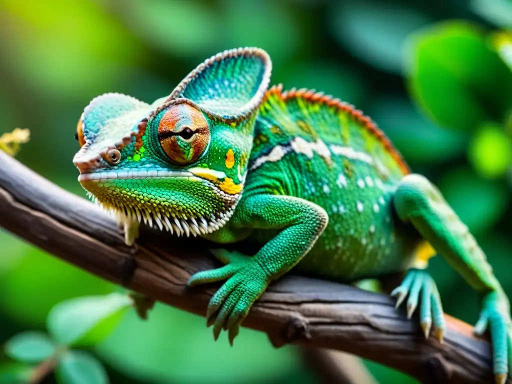 Un camaleón vibrante enriqueciendo su ambiente natural con escamas intrincadas y ojos hipnóticos