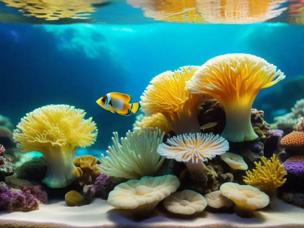 Recreación vibrante de arrecife de coral en acuario Un vibrante arrecife de coral en un acuario de agua salada, con diversidad de especies y peces tropicales