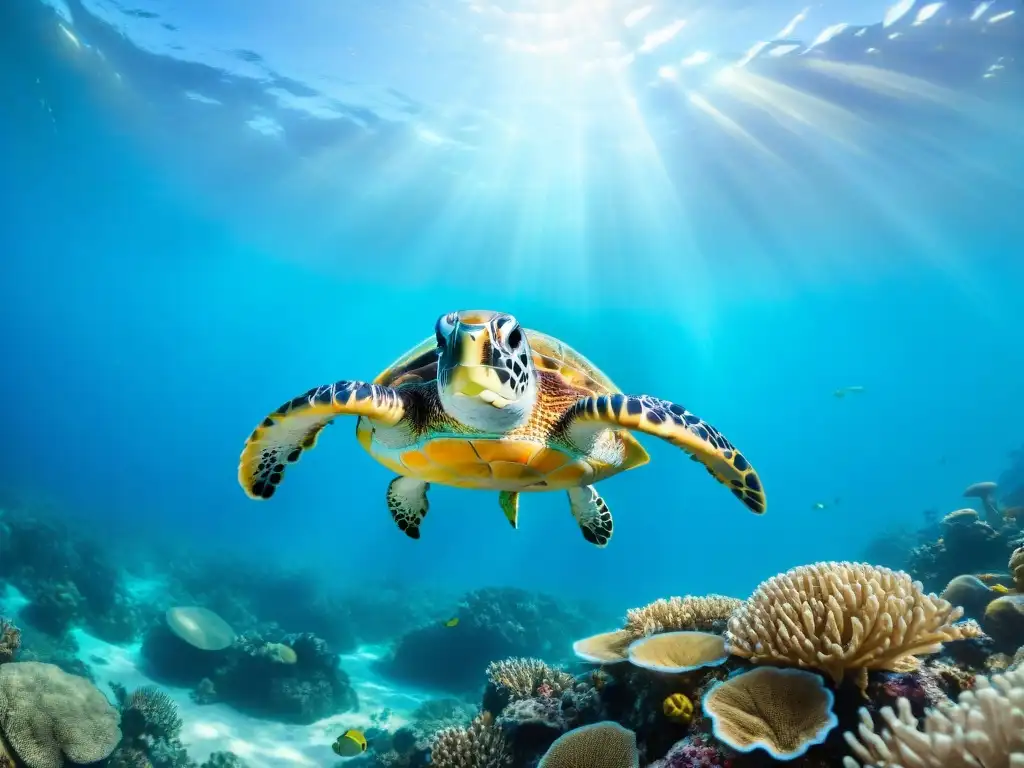Maravilloso arrecife de coral: vida marina en aguas cristalinas Un vibrante arrecife de coral lleno de vida marina, peces tropicales, plantas marinas y una majestuosa tortuga marina
