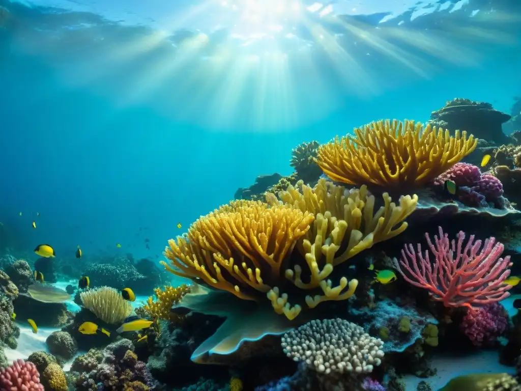 Arrecife de coral vibrante: vida marina en un mundo submarino Un vibrante arrecife de coral con peces tropicales entre formaciones coralinas