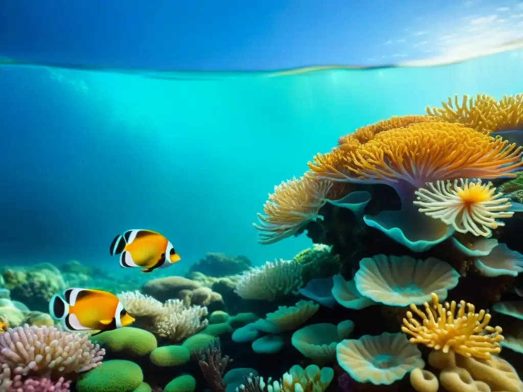 Arrecife de coral vibrante: belleza y diversidad marina Un vibrante arrecife de coral repleto de peces coloridos, anémonas marinas intricadas y algas meciéndose, sobre un fondo de océano turquesa cristalino