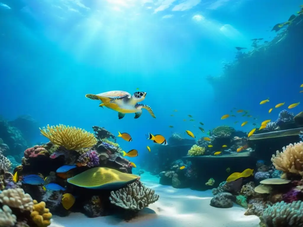 Arrecife de coral submarino: vida marina colorida y majestuosa Un vibrante arrecife de coral submarino lleno de peces coloridos, plantas meciéndose y formaciones rocosas intrincadas