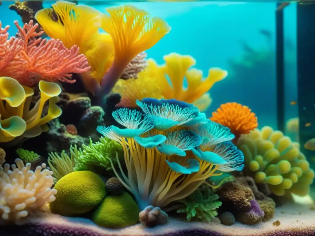Arrecife de coral vibrante: vida submarina en su esplendor Un vibrante e detallado arrecife de coral en un acuario completo, con peces coloridos, corales e anémonas marinas