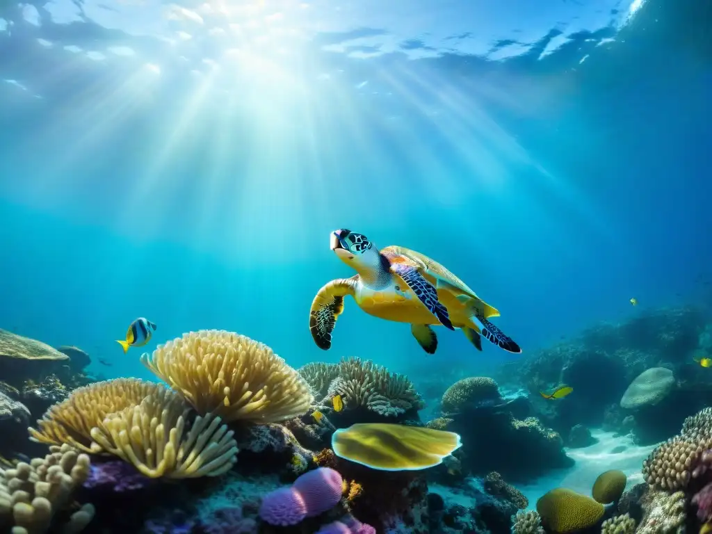 Vibrante vida marina: exploración en arrecife de coral Un vibrante ecosistema marino con peces coloridos y tortuga, iluminado por rayos de sol