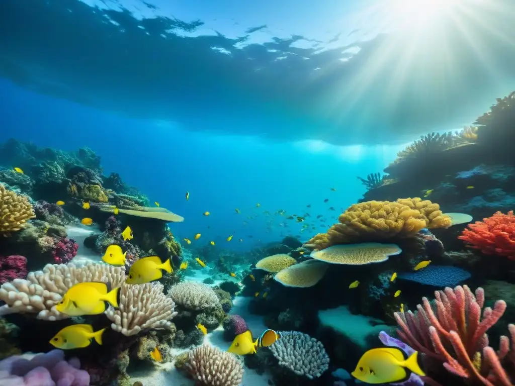 Vibrante ecosistema submarino: equilibrio y alimentación de peces Vibrante ecosistema marino con peces coloridos entre arrecifes de coral, muestra la importancia de evitar enfermedades por errores en la alimentación de los peces