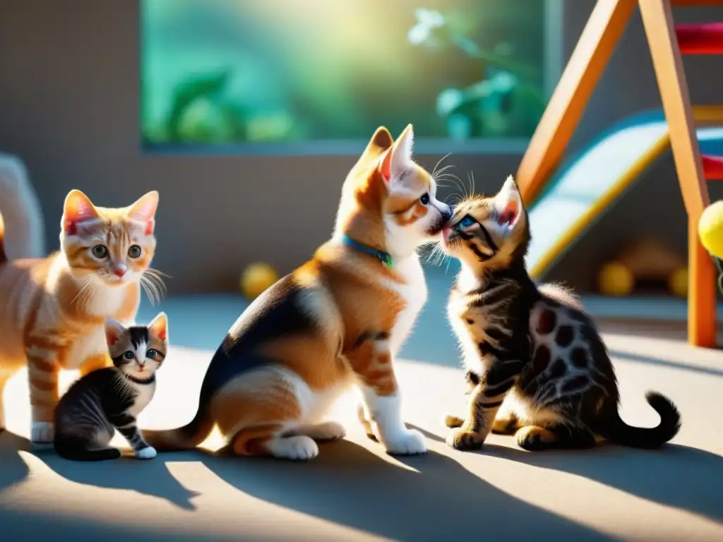 Tierna interacción de cachorros y gatitos en sala soleada Vibrante escena de socialización temprana, cachorros y gatitos juguetones interactuando en un cuarto soleado con juguetes