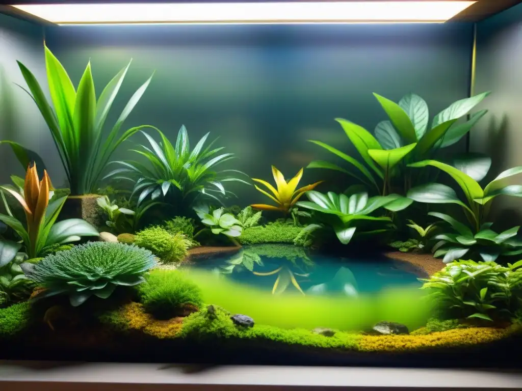 Terrario exótico: hábitat vibrante para anfibios Un vibrante hábitat de terrario para anfibios exóticos con diversa vegetación y una pequeña laguna