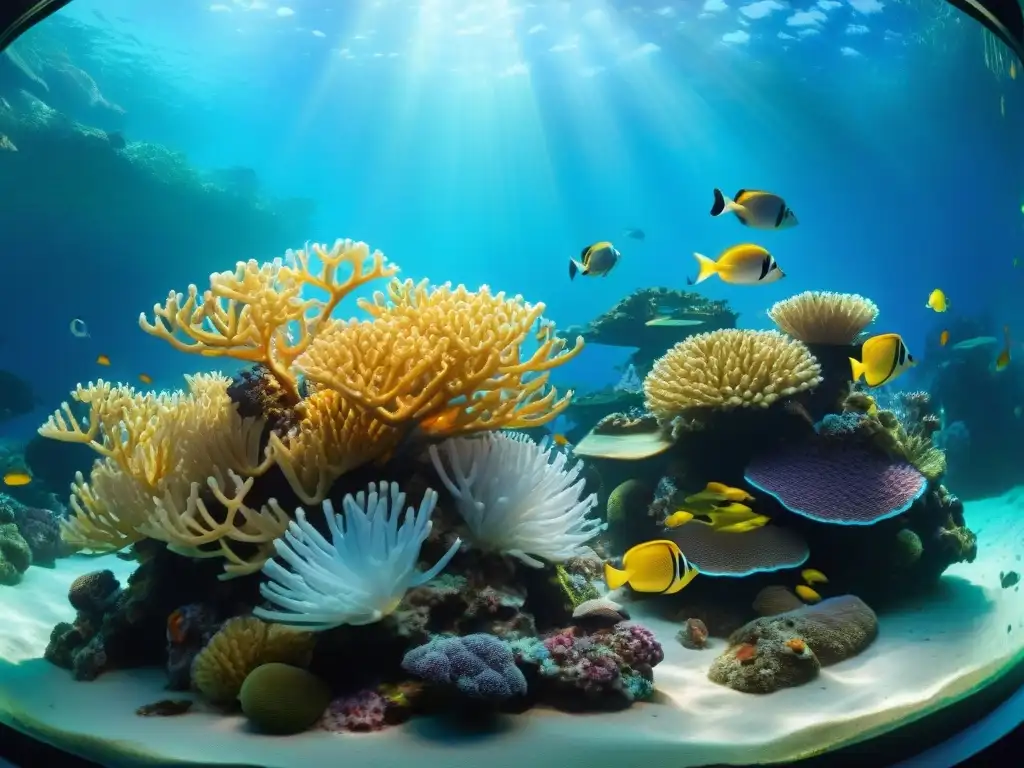 Ecosistema marino vibrante en acuario Un vibrante hábitat marino en un acuario decorado con coral, peces coloridos y vida marina
