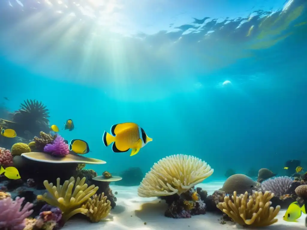 Juguetes marinos: diversión y estimulación en el océano Un vibrante paisaje submarino con juguetes para peces marinos y coloridas especies tropicales en interacción