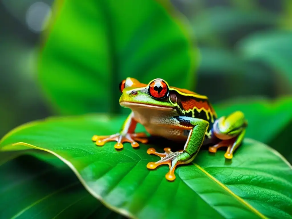 Rana de ojos rojos en hoja verde: detallada belleza tropical Una vibrante rana de ojos rojos en una hoja verde en la selva tropical, destacando la convivencia con múltiples anfibios