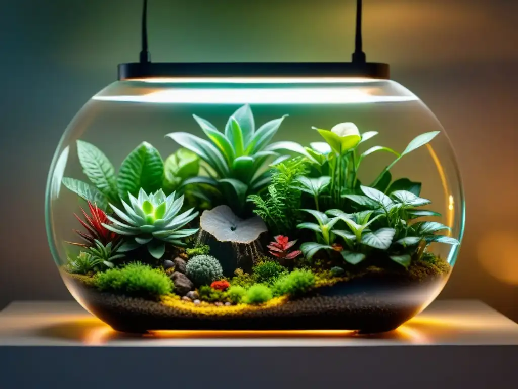 Terrario vibrante: ecosistema exuberante bajo luces LED Un vibrante terrario bajo la cálida iluminación LED destaca un ecosistema sostenible y próspero
